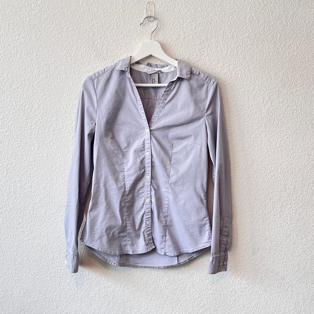 H&M Size 10 Women’s Light Gray Button Down Long Sleeve Shirt White Polka Dots